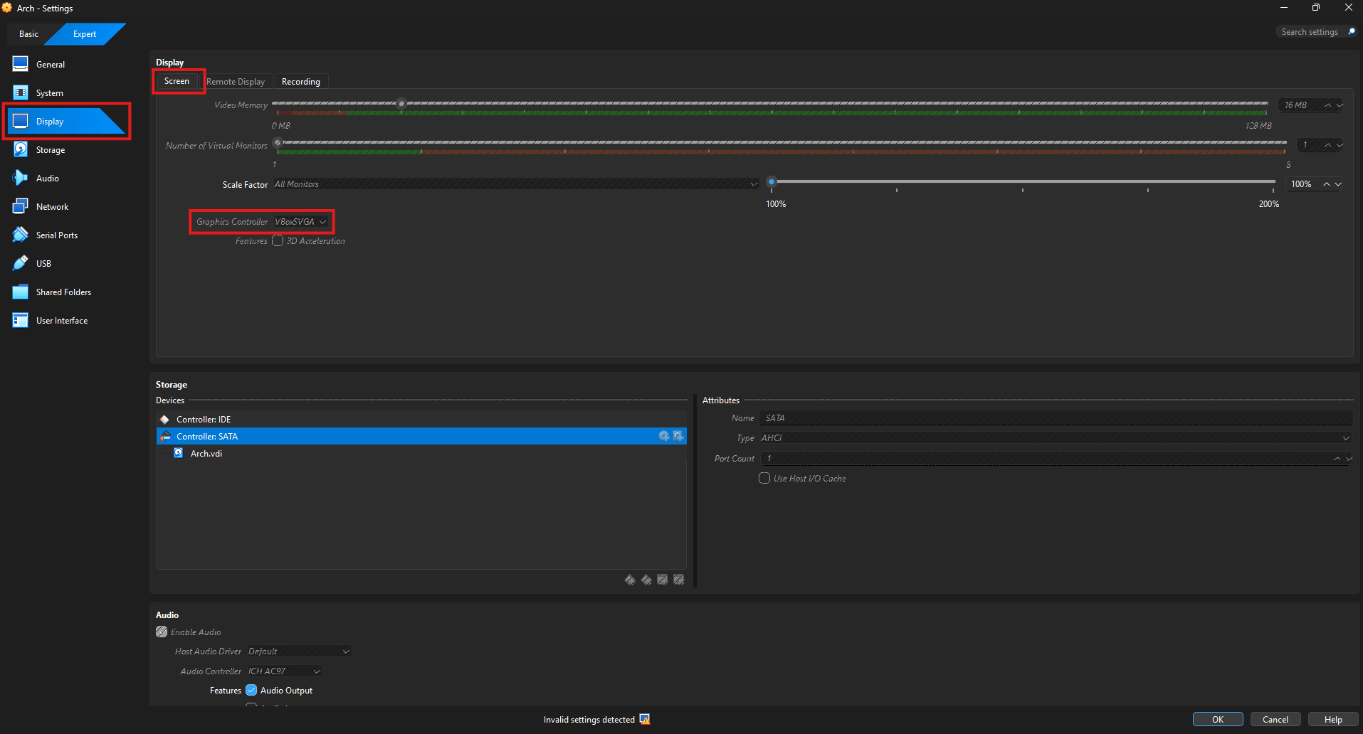 VirtualBox Settings Display Graphics Controller